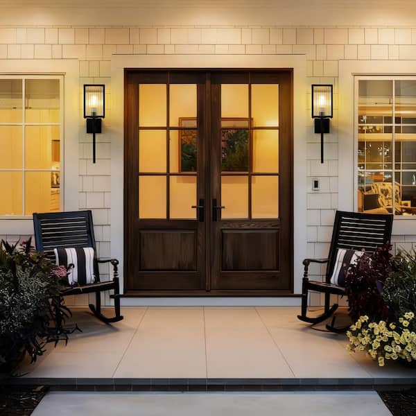 20 in. 1-Light Black Indoor/Outdoor Wall Light Fixtures Outdoor Wall Lantern Sconce with Ribbed Glass Shade (2-Pack)