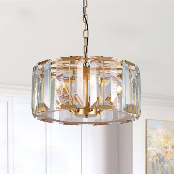 SILJOY 19.7 in. 5-Light Gold Crystal Drum Chandelier Modern Pendant Light for Dining Room, Living Room, Kitchen