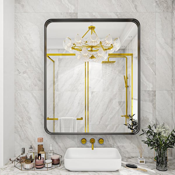 GLSLAND 30 in. W x 39 in. H Large Rectangular Metal Deep Framed Wall Bathroom Vanity Mirror Black