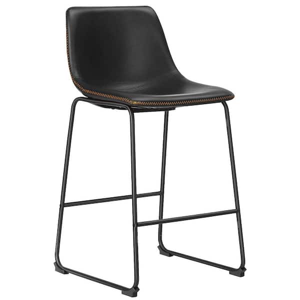 Black Faux Leather 26 in. Counter Height Bar Stools Set of 2 with Back and Metal Leg for Kitchen Island
