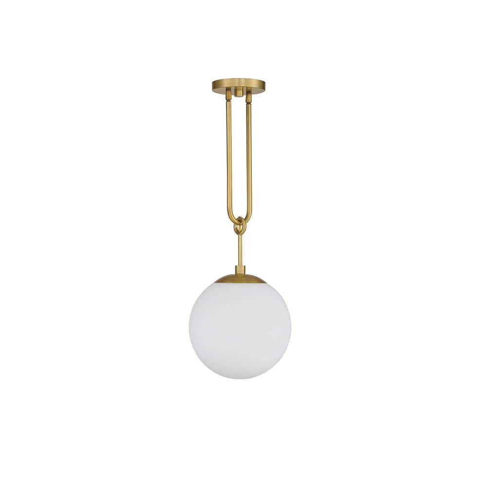 Becker Mid-Century Warm Brass Globe Pendant with White Glass
