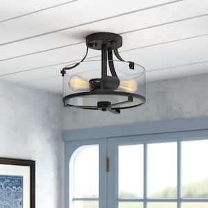 Jedrek 12.5 in. 2-Light Black Industrial Entryway Semi-Flush Mount with Clear Glass Shade
