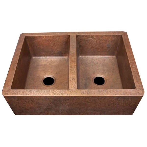 Imperial Farmhouse Apron Front Hammered Copper 35 in. Double Basin Kitchen Sink