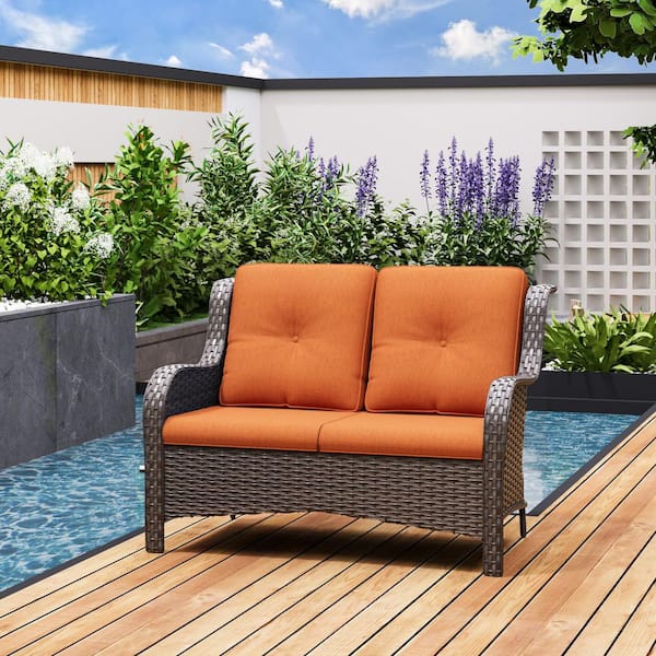 JOYSIDE Brown Wicker Outdoor Couch Patio Loveseat Deep Seating with Orange Cushions