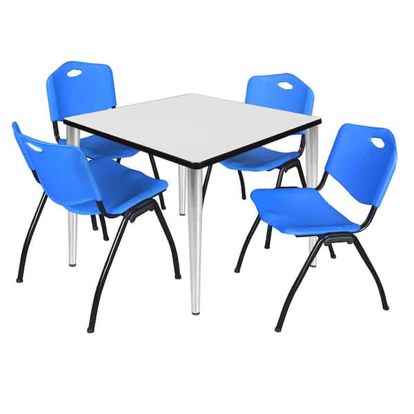 Regency Trueno 42 in. Square White and Chrome Wood Breakroom Table and 4-Blue 'M' Stack Chairs (Seats 4)