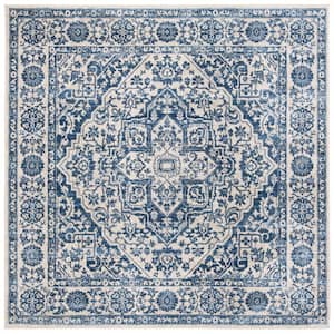 Brentwood Navy/Light Gray 9 ft. x 9 ft. Square Border Medallion Distressed Area Rug