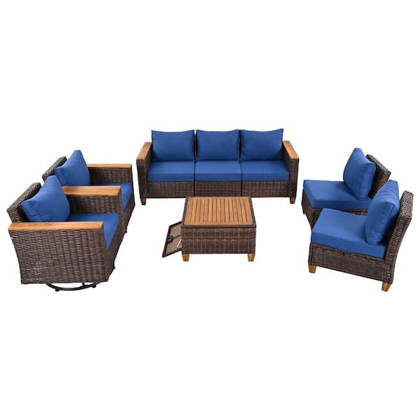 Brown Wicker Outdoor Sectional Set with 2 Swivel Rocking Chairs and Blue Cushions