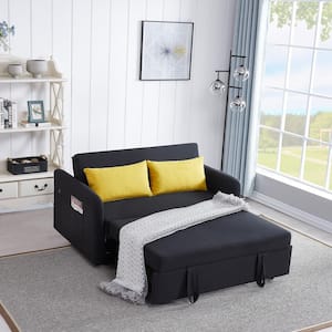 55.5 in. Black Polyester Twin Size Sofa Bed with 2 Pillows, USB Socket and Side Pockets