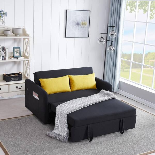 Harper & Bright Designs 55.5 in. Black Polyester Twin Size Sofa Bed with 2 Pillows, USB Socket and Side Pockets