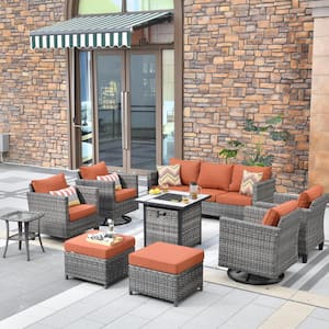 Mars Gray 9-Piece 7-People Wicker Patio Conversation Fire Pit Sofa Set with Red Orange Cushion and Swivel Rocking Chairs