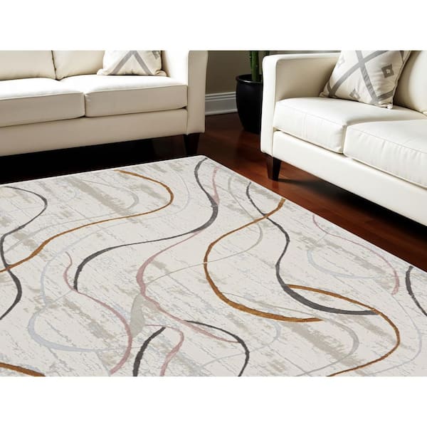 8 ft. x 10 ft. Ivory Brown and Gray Abstract Non Skid Area Rug