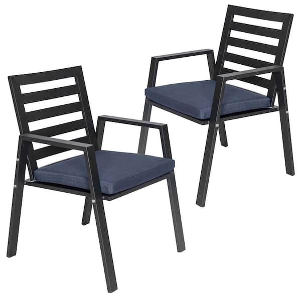 Leisuremod Chelsea Modern Outdoor Dining Chair in Black Metal Frame with Removable Cushions Set of 2 Charcoal Blue