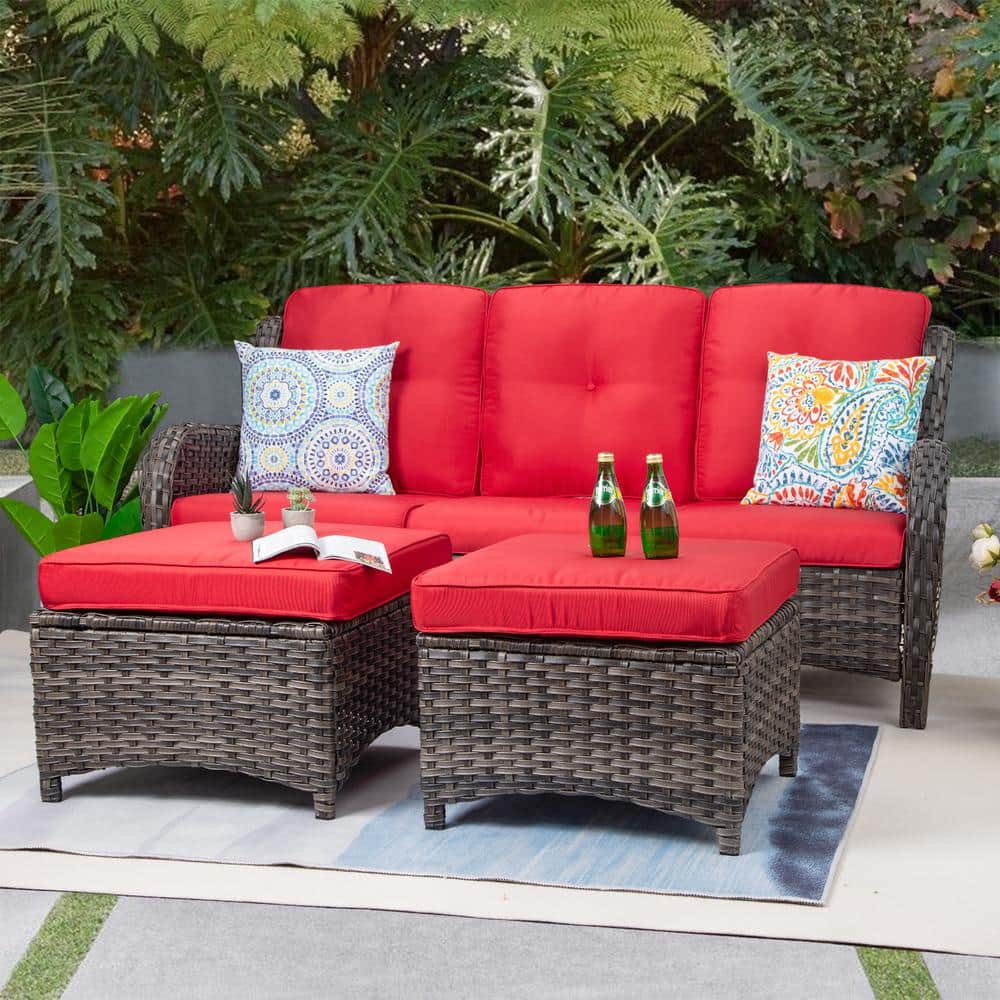 JOYSIDE Wicker Outdoor Patio Sectional Sofa Set with Red Cushions and
