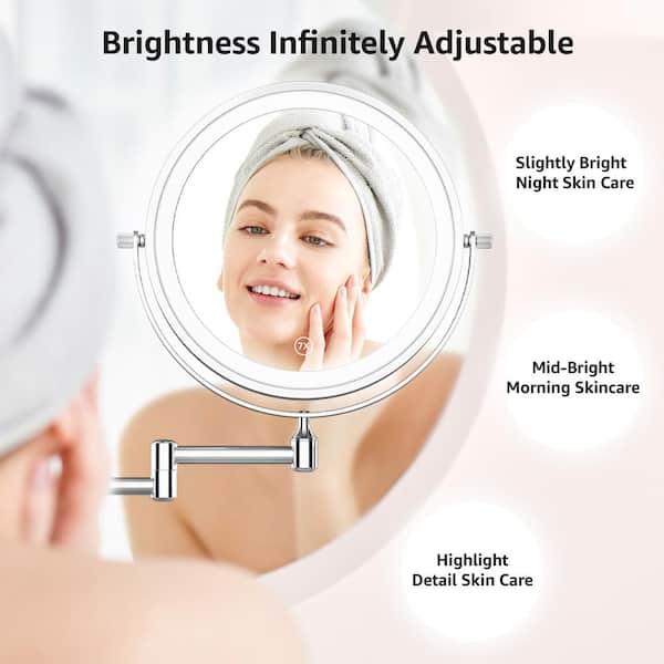 8 in. W x 8 in. H Lighted 7 x Magnifying Wall Makeup Mirror Round Rechargeable LED Wall Bathroom Makeup Mirror in Chrome