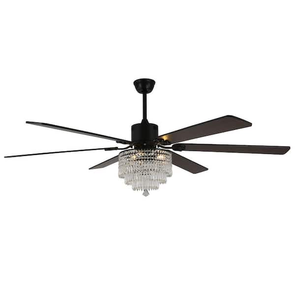 Luxflow 65 in. Indoor Matte Black Luxury Crystal Caged Ceiling Fan with Light Kit, Reversible Ceiling Fan with Remote