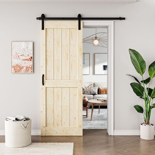 30 in. x 84 in. Paneled H Shape Solid Core Pine Unfinished Wood Sliding Barn Door Slab with Hardware Kit and Soft Close