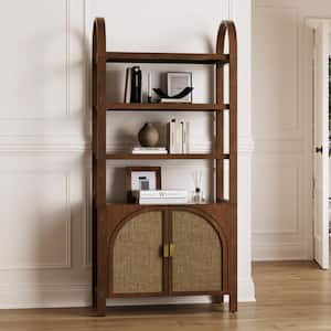 Paxton 71 in. Tall Dark Acacia Boho Bookshelf with Solid Wood Legs, 3-Shelf Accent Bookcase Cabinet with Rattan Door