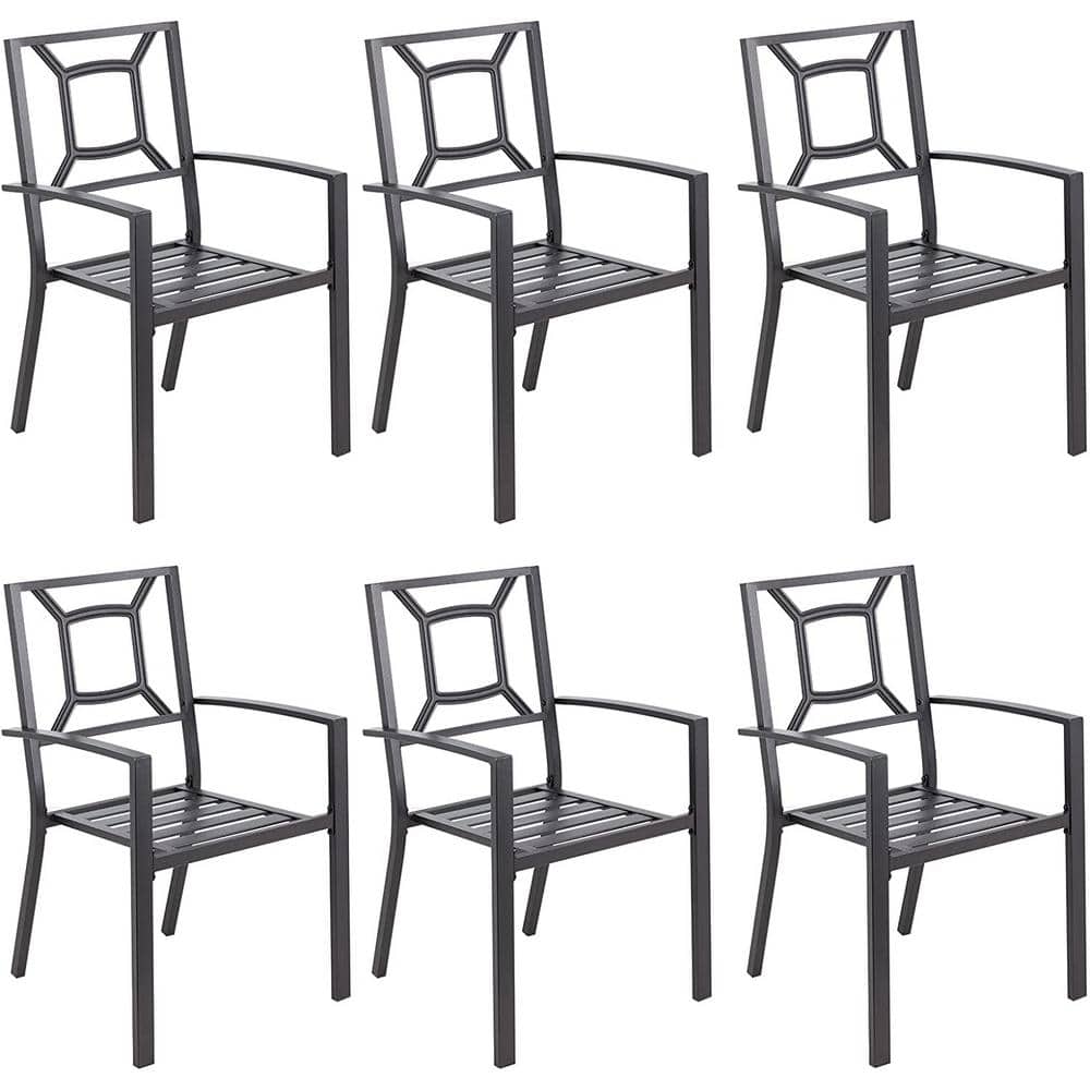 Black Steel Stackable Outdoor Dining Armchairs, Set of 6
