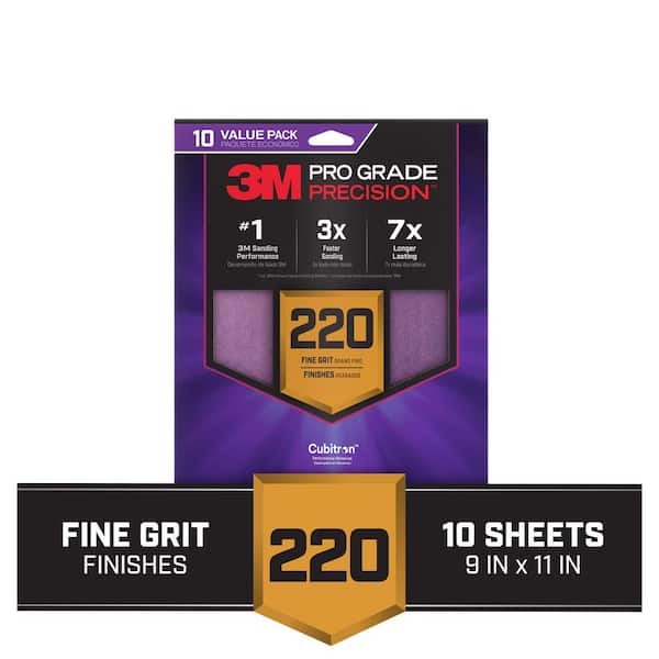 Pro Grade Precision 9 in. x 11 in. 220 Grit Faster Sanding Sheets with No-Slip Grip Backing (10-Pack)