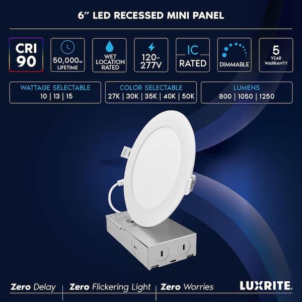 6 in. Integrated LED Recessed Light Canless Spotlight 10/13/15-Watt 5CCT 800/1050/1250LM IC Rated Wet Rated ETL 6 Pack