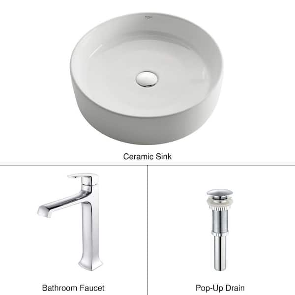 KRAUS Round Ceramic Sink in White with Decorum Faucet in Chrome
