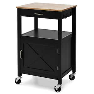 Small Black Kitchen Cart Island on Wheels Mobile Trolley Cart Barn Door Drawer Hooks