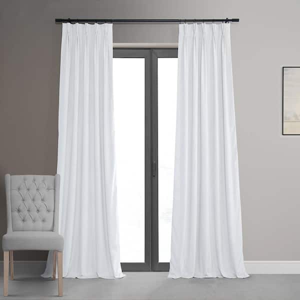 Exclusive Fabrics & Furnishings Signature Primary White Pleated Blackout Velvet Curtain 25 in. W x 96 in. L (1 Panel)