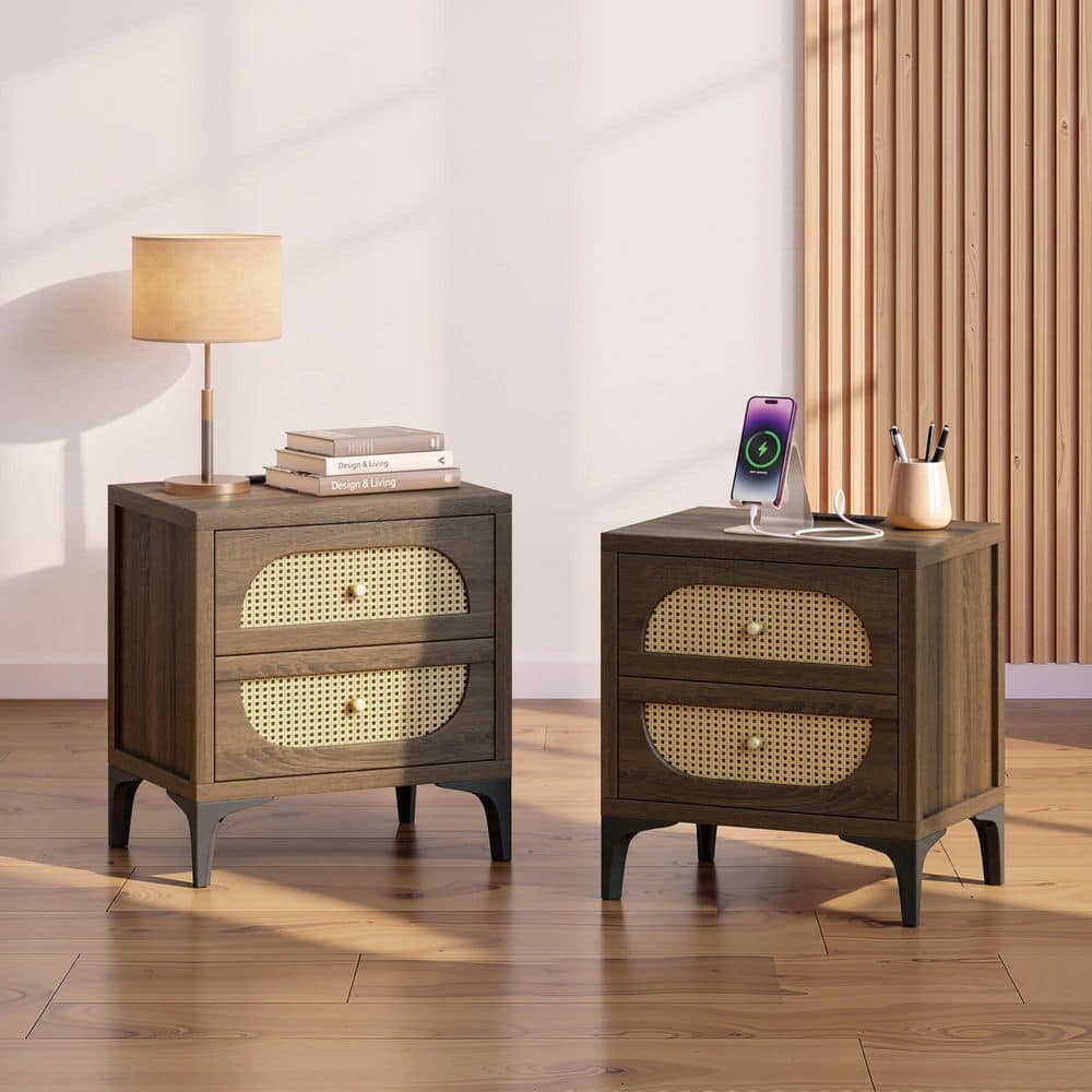 Ember Brown 23.5 in. Boho Nightstand with Charging Station, 2 Drawers, USB and Type-C, Set of 2