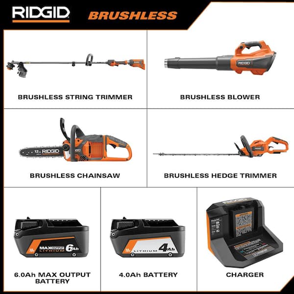 18V Brushless Cordless String Trimmer, Blower, Chainsaw, and Hedge Trimmer w/2 Batteries and 2 Chargers