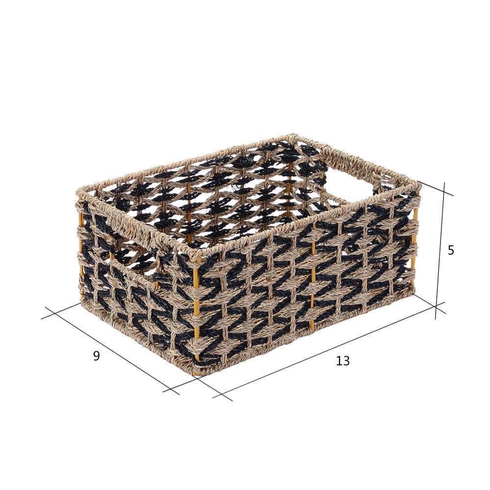 Set of 2 Black and Natural Seagrass Rectangular Storage Baskets