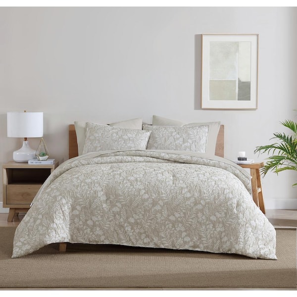 DESIGN STUDIO Turning Leaf Neutral 3-Piece Polyester Woven Matelassé Crinkle Jacquard Comforter Set - King