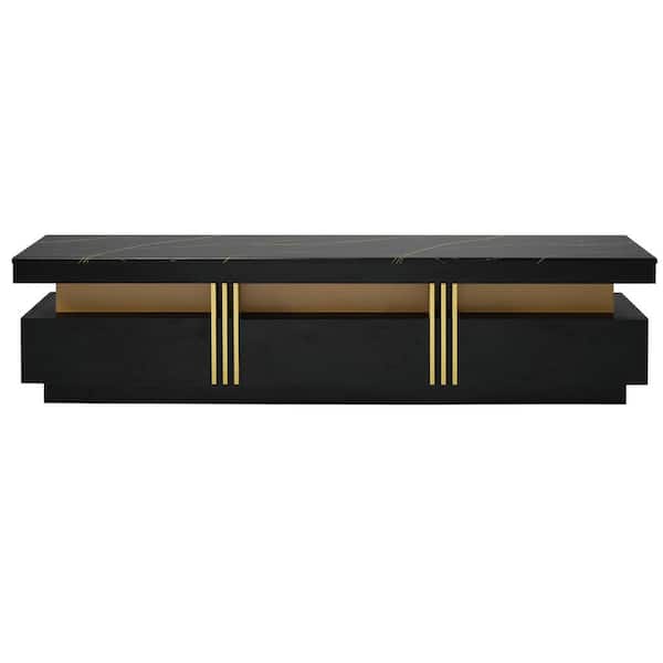 Clihome Luxury Black TV Stand with High Gloss Faux Marble Top for TVs Fits up to 78 in.