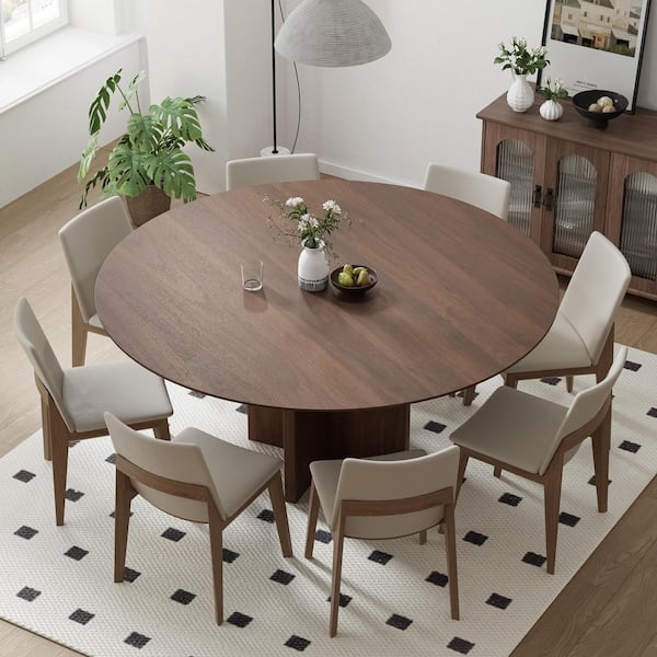 Round Walnut Wood 59 in. Arched Cross Legs Dining Table Seats 8