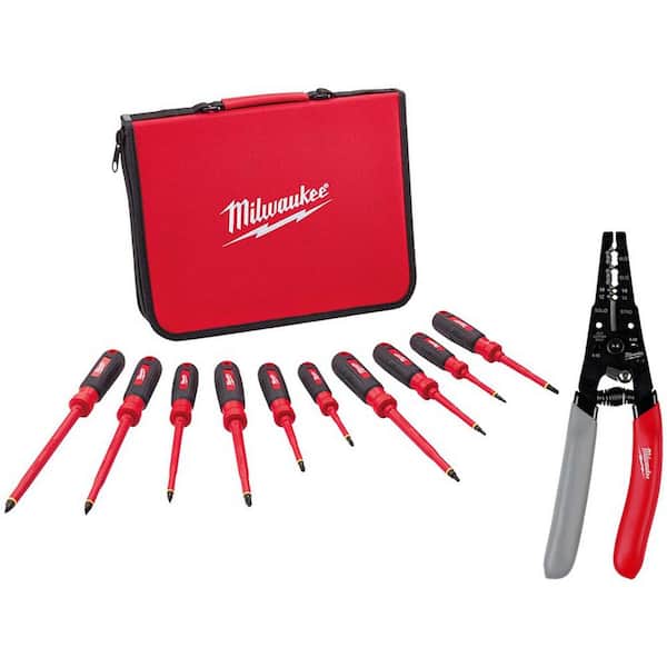 Milwaukee 1000V Insulated Screwdriver Set with Case with 12-16 AWG NM Dipped Grip Wire Stripper and Cutter (11-Piece)