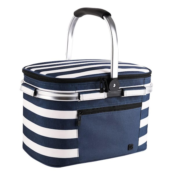 15 in. Blue White Stripe Portable Collapsible Polyester Picnic Basket, Leakproof Insulated Cooler Bag with Sewn
