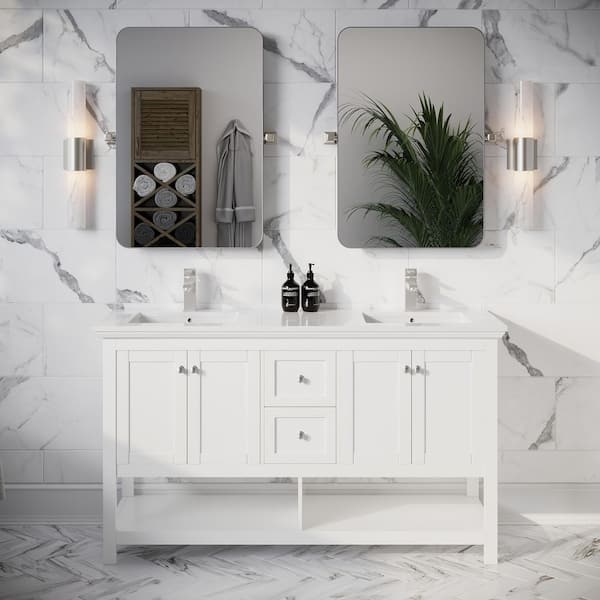 Manchester 60 in. Double Sink Shaker-Style White Bath Vanity with White Quartz Top and Integrated Sink