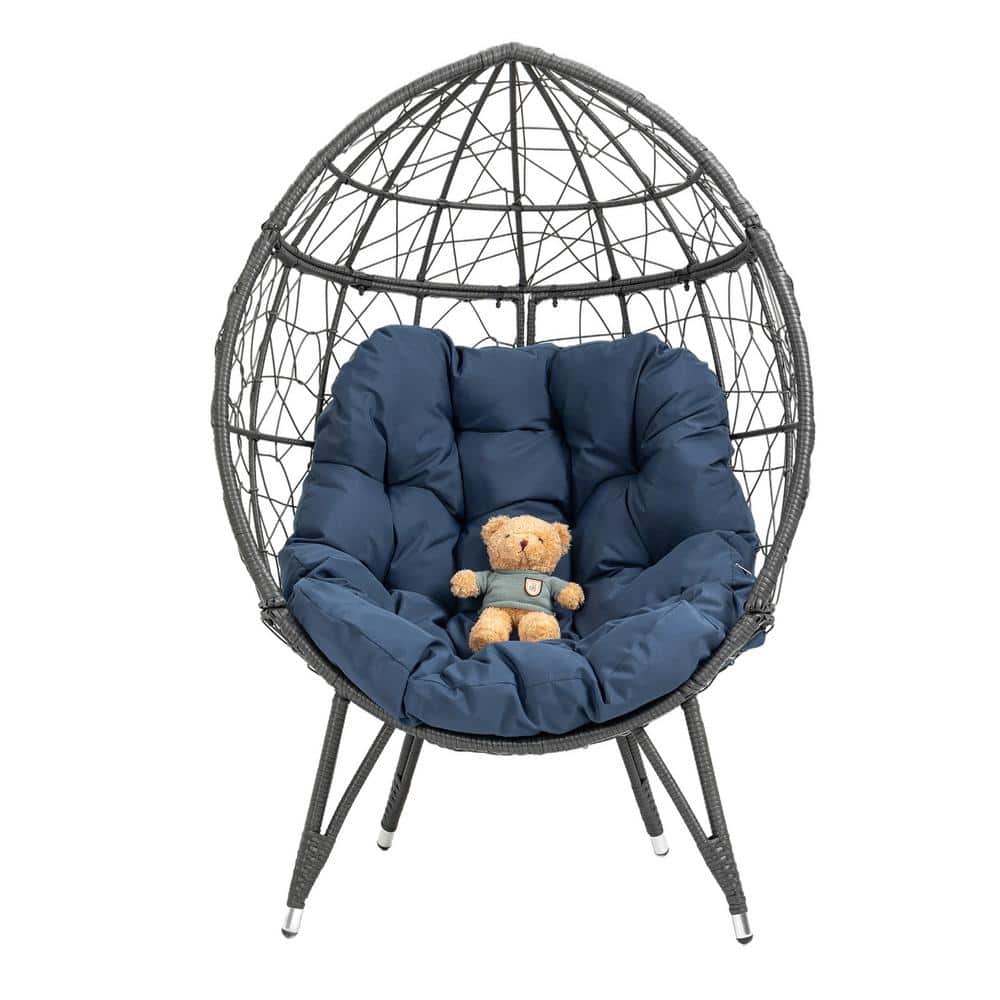 Wicker Patio Egg Chair Outdoor Lounge Chair for Garden, Balcony with Navy C