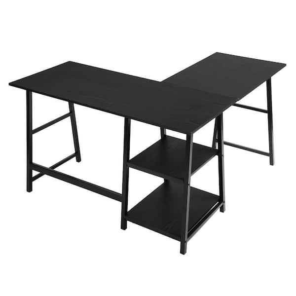 Spaco 43.5 in. L-Shaped Full Black Metal Frame Wood Corner Computer Desk with Open Shelves