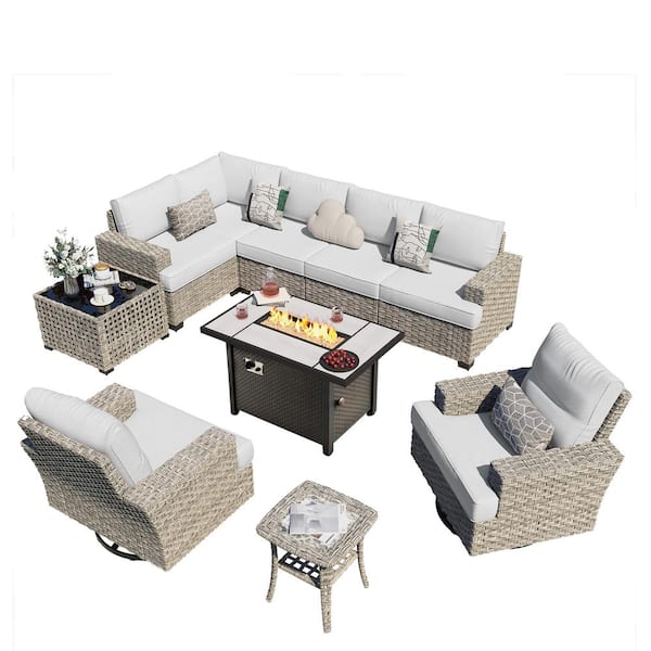 Torino 10-Piece Wicker Outdoor Patio Conversation Sofa Sectional Chairs Set with Metal Fire Pit and Light Gray Cushions