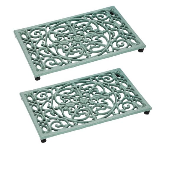 2-Pack 9.6 in. x 6.3 in. x 0.7 in. Green Cast Iron Trivet, Metal Trivets with Rubber Feets, Heat Resistant Trivets