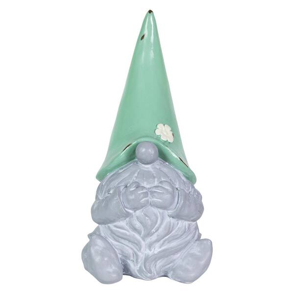 Exhart 10 in. Solar Green Hat Grey Gnome Garden Statue