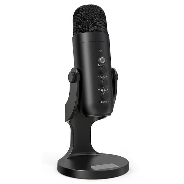 USB Condenser Microphone with Gain Control Headphone Output Mute Button and Stand in Black for Streaming 1-Pack