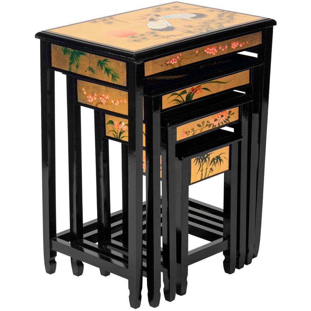 Gold Lacquer Cranes Design Nesting Tables Set