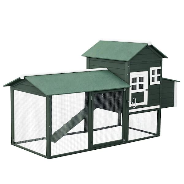Green Wood Birdhouse Outdoor Chicken Coop Hen House with Run Nesting Box, Asphalt Roof, Removable Tray Wooden