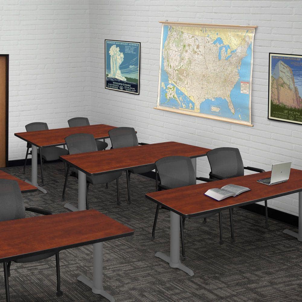 Cain 66 in x 24 in. Cherry Table Top T-Base Training Seminar Table Desk, Grey Base and 2 Knight Mesh Chairs