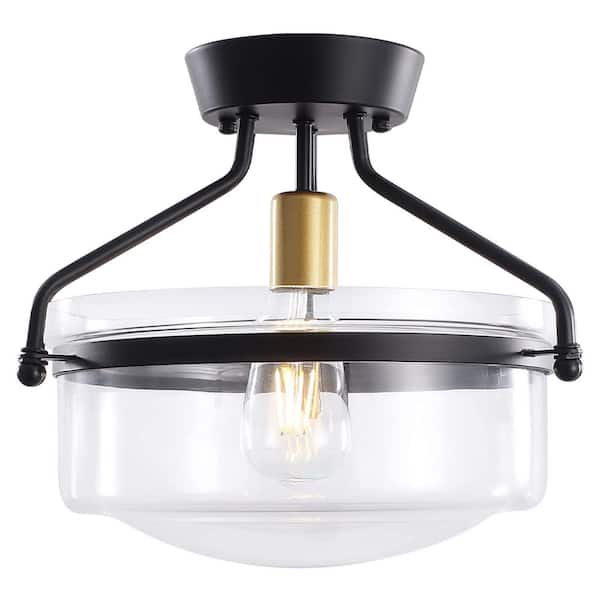 ADSENSTY 13.3 in. 1-Light Black and Gold Industrial Dome Semi Flush Mount Ceiling Light with Clear Glass Shape for Kitchen Island