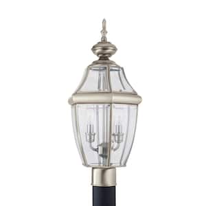 Lancaster 2-Light Outdoor Antique Brushed Nickel Post Light with Dimmable Candelabra LED Bulb