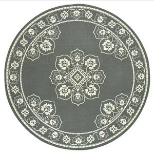 Sienna Gray/Ivory 7 ft. x 7 ft. Round Floral Indoor/Outdoor Area Rug