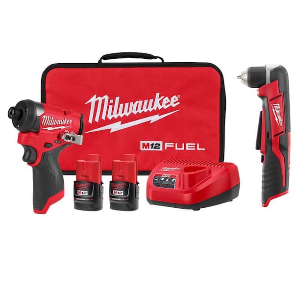 Milwaukee M12 FUEL 12-Volt Lithium-Ion Brushless Cordless 1/4 in. Hex Impact Driver Kit with M12 Right Angle Drill