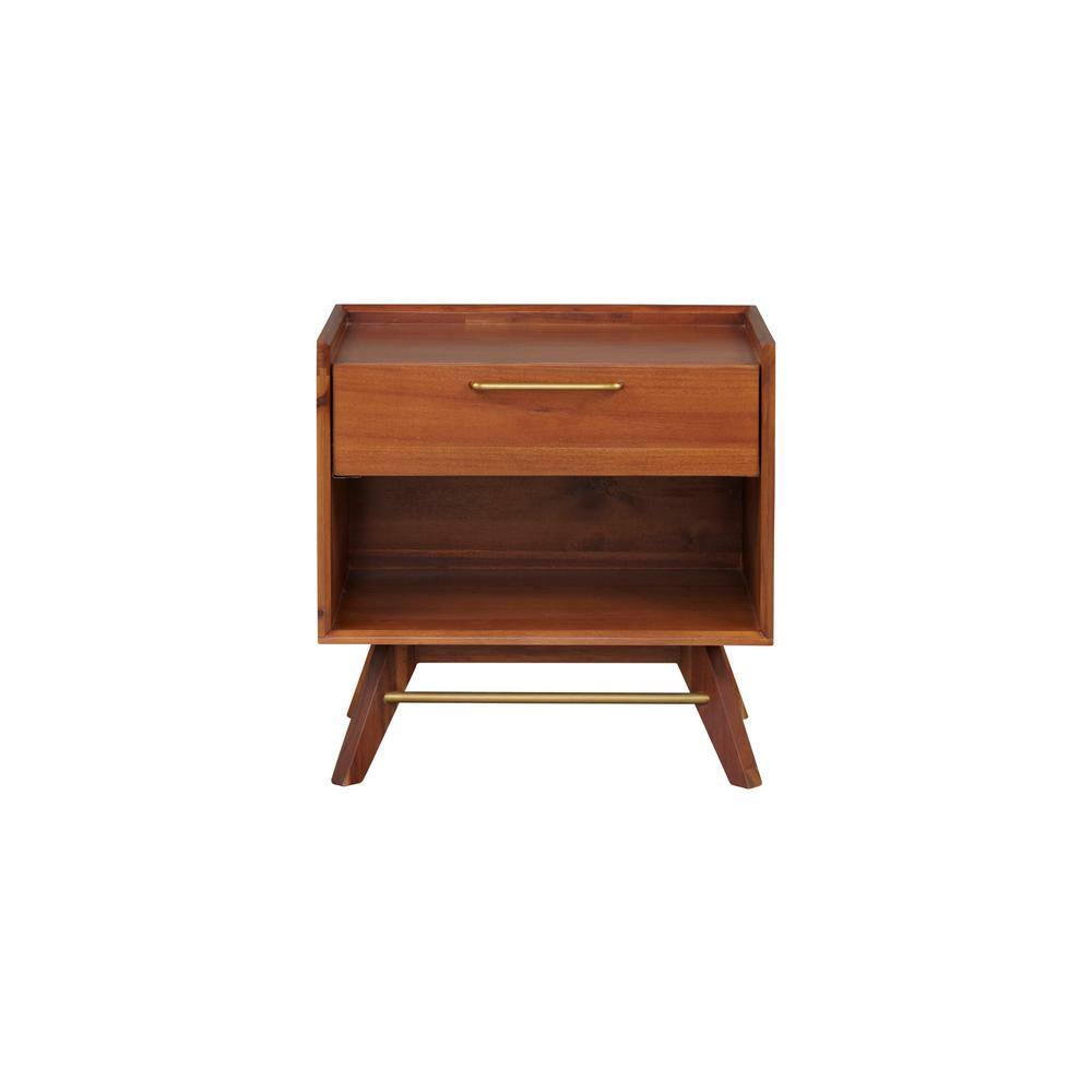 Walnut Acacia Wood Nightstand with Brass Handle and Shelf